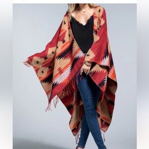Southwestern Fringe Poncho - Rust, Tan & Black